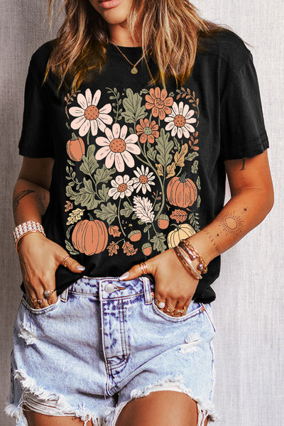 Black Wildflower and Pumpkin Print Fall Tee