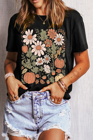 Black Wildflower and Pumpkin Print Fall Tee