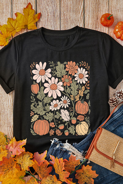 Black Wildflower and Pumpkin Print Fall Tee