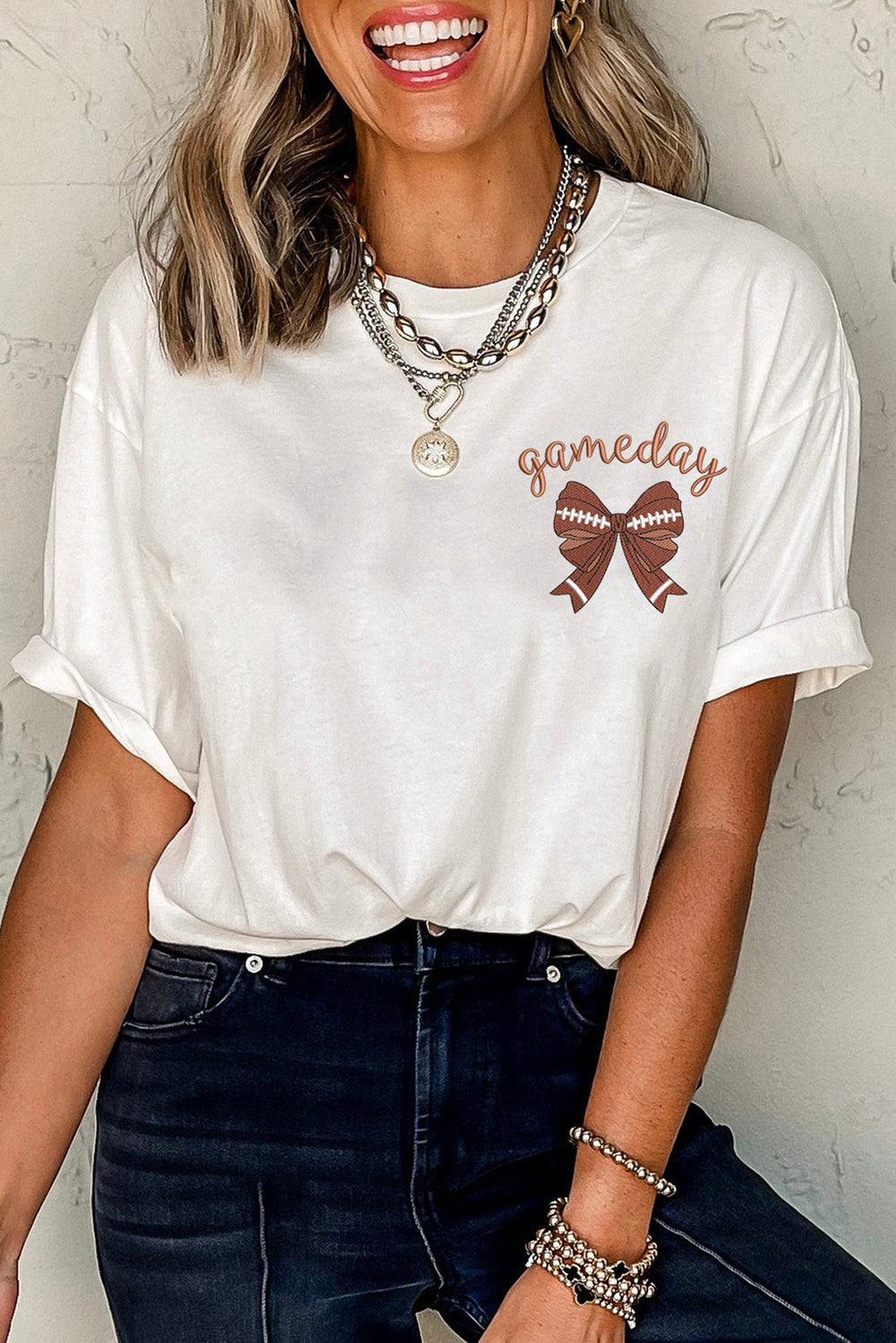 White Tee with Embroidered Ball Style Bow Game Day Graphic