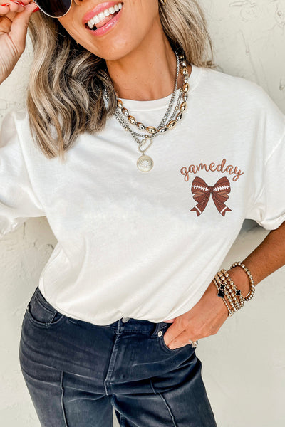 White Tee with Embroidered Ball Style Bow Game Day Graphic