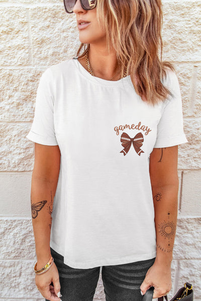 White Tee with Embroidered Ball Style Bow Game Day Graphic
