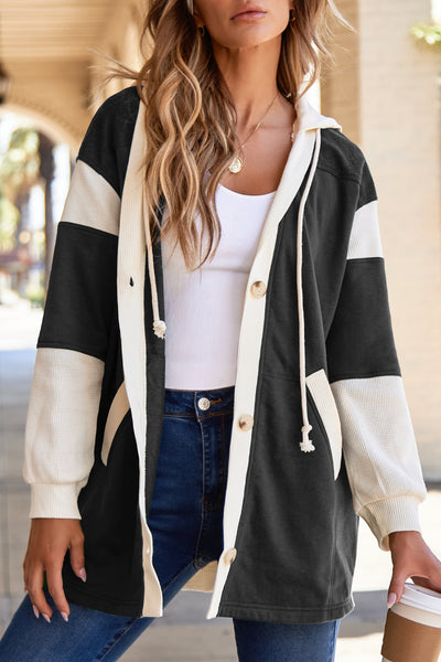Black Button Up Hooded Jacket with Patchwork Contrasting Waffle Knit Details