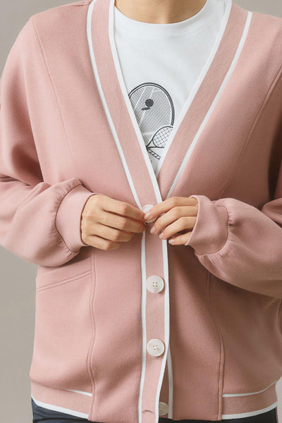 Soft Pink Button Front Grandpa Cardigan with Contrast Stripes