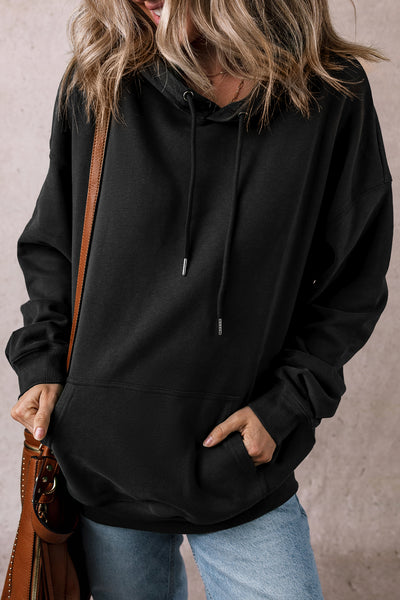 Black Fleece Lined Drawstring Hoodie with Kangaroo Pocket
