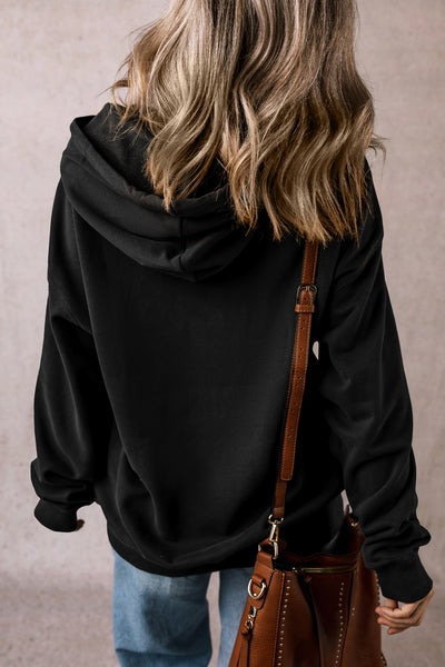 Black Fleece Lined Drawstring Hoodie with Kangaroo Pocket