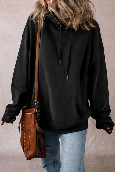 Black Fleece Lined Drawstring Hoodie with Kangaroo Pocket