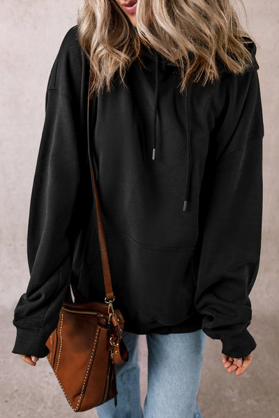 Black Fleece Lined Drawstring Hoodie with Kangaroo Pocket