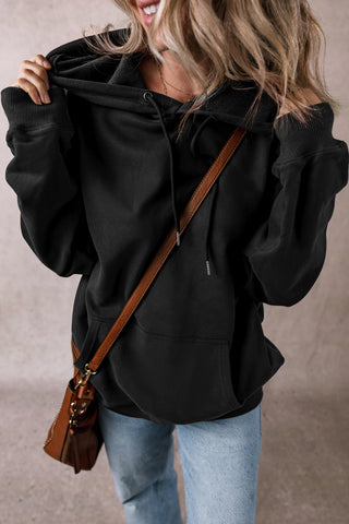 Black Fleece Lined Drawstring Hoodie with Kangaroo Pocket