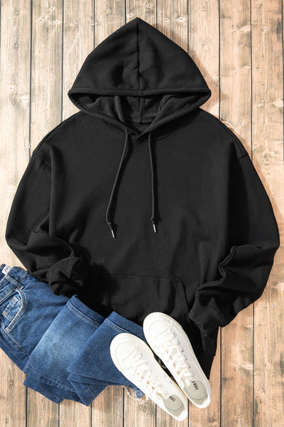 Black Fleece Lined Drawstring Hoodie with Kangaroo Pocket