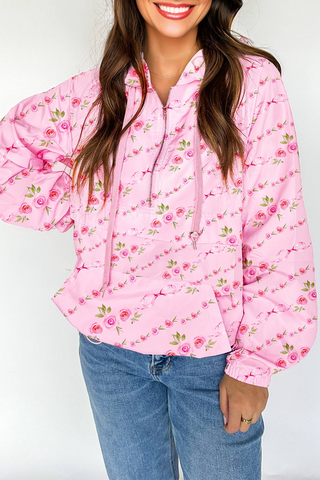 Pink Floral Quarter Zip Hooded Windbreaker Pullover with Kangaroo Pocket