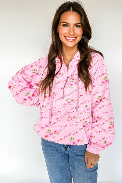 Pink Floral Quarter Zip Hooded Windbreaker Pullover with Kangaroo Pocket