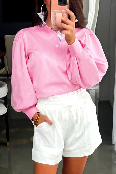 Candy Pink Puff Long Sleeve Top with Button Striped Collar