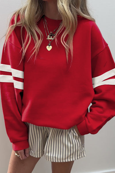 Red Varsity Striped Drop Shoulder Pullover Sweatshirt