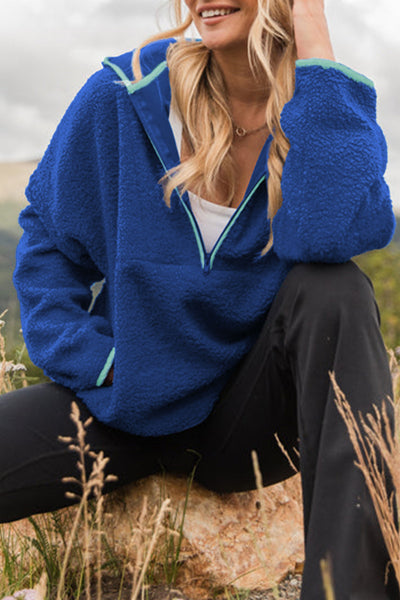 Royal Blue Sherpa Quarter Zip Pullover with Contrast Trim