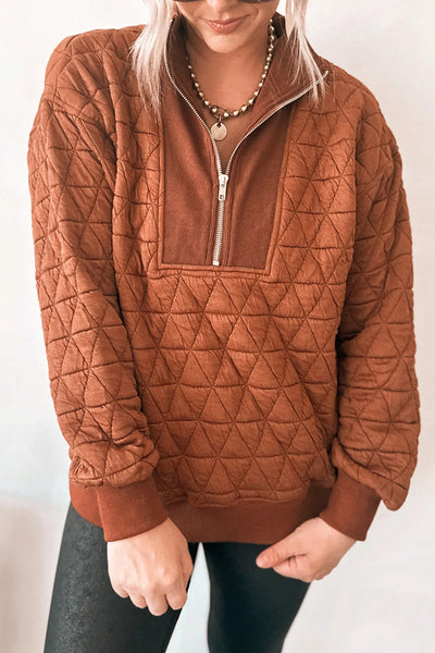 Rust Brown Quilted Half Zip Pullover