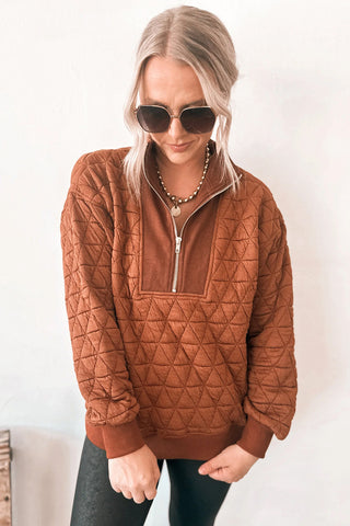 Rust Brown Quilted Half Zip Pullover