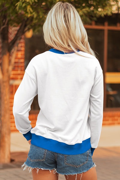 White with Contrast Trim and Royal Blue and White Block Lettering GAME DAY Pullover Sweatshirt