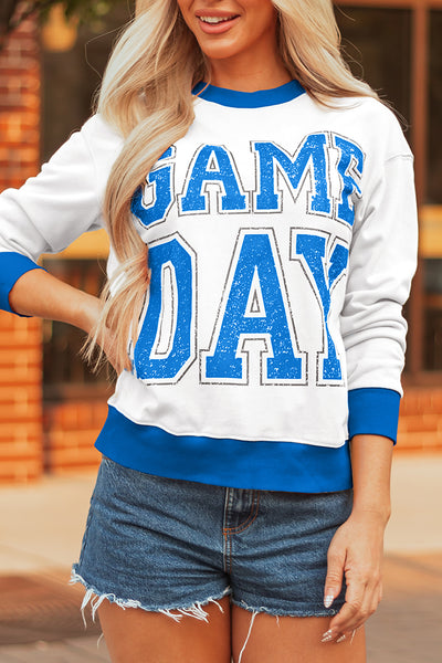 White with Contrast Trim and Royal Blue and White Block Lettering GAME DAY Pullover Sweatshirt