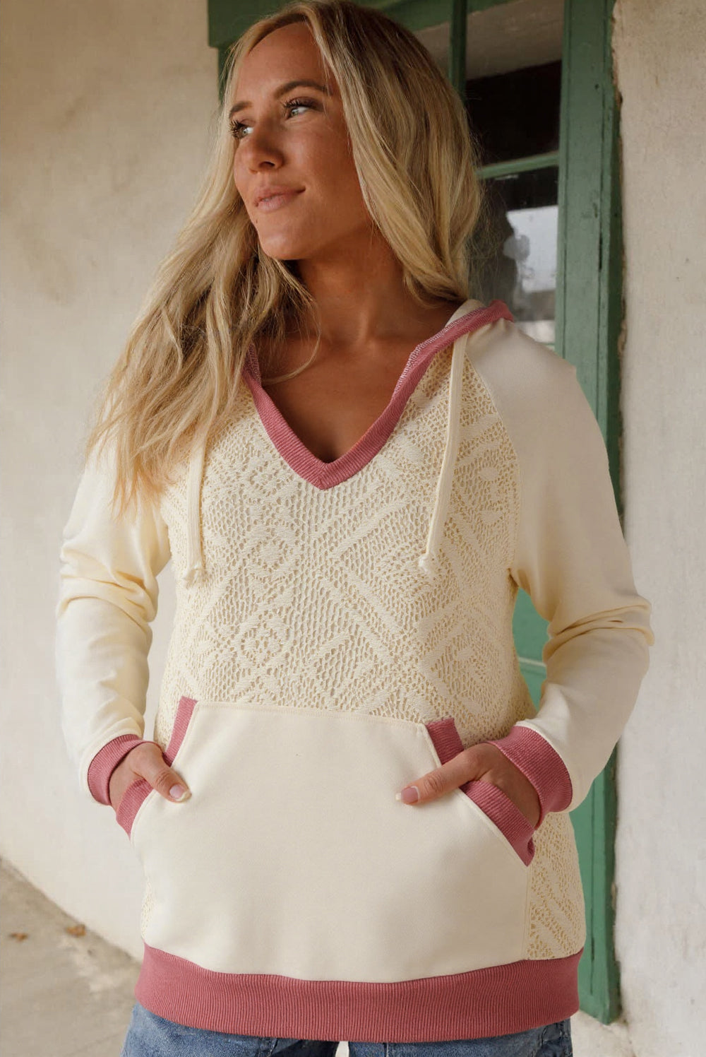 Lace Detail Hooded Pullover with Contrast Trim