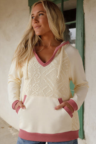 Lace Detail Hooded Pullover with Contrast Trim