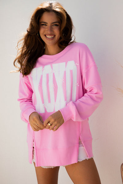 Pink Bow and Sequin Detailed XOXO Pullover with Exposed Seams
