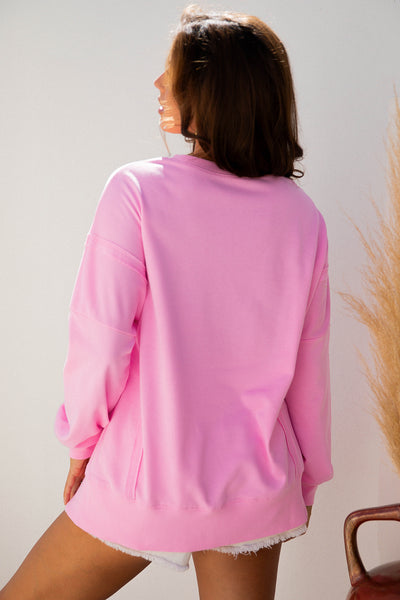 Pink Bow and Sequin Detailed XOXO Pullover with Exposed Seams