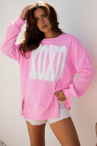 Pink Bow and Sequin Detailed XOXO Pullover with Exposed Seams