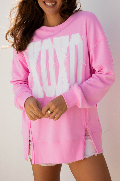 Pink Bow and Sequin Detailed XOXO Pullover with Exposed Seams