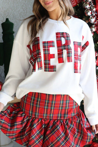 White Pullover with Red Tartan Plaid MERRY Graphic