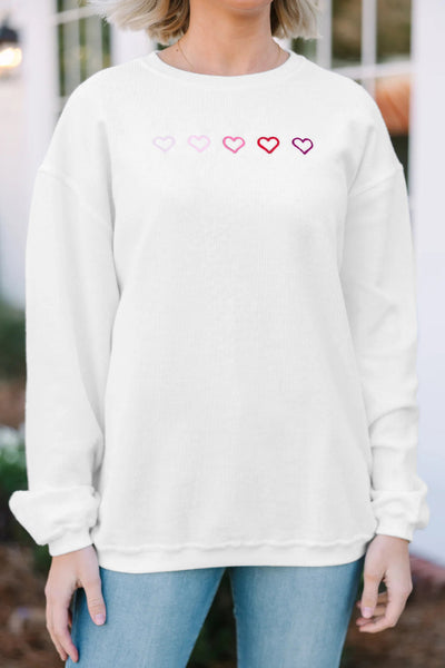 White Ribbed Pullover with Heart Embroidered Details