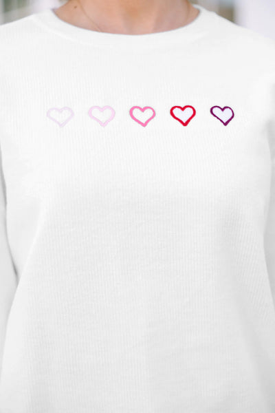 White Ribbed Pullover with Heart Embroidered Details