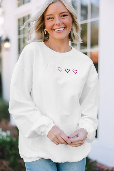 White Ribbed Pullover with Heart Embroidered Details