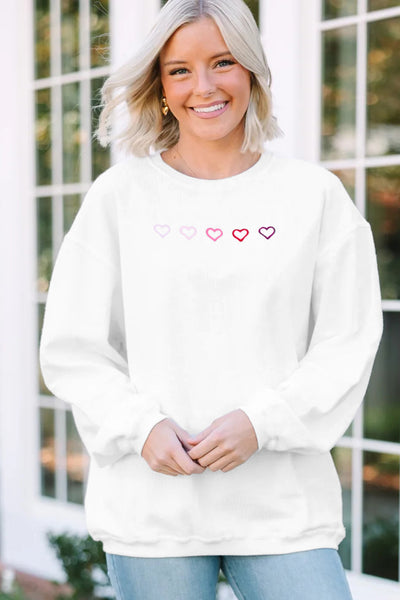 White Ribbed Pullover with Heart Embroidered Details