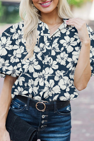 Navy Floral Puff Sleeve Button Up Top