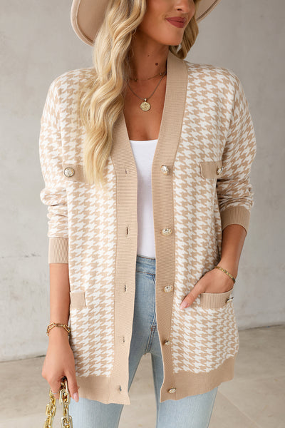 Khaki Houndstooth Button Front Sweater Knit Cardigan with Patch Pockets