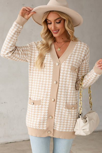 Khaki Houndstooth Button Front Sweater Knit Cardigan with Patch Pockets