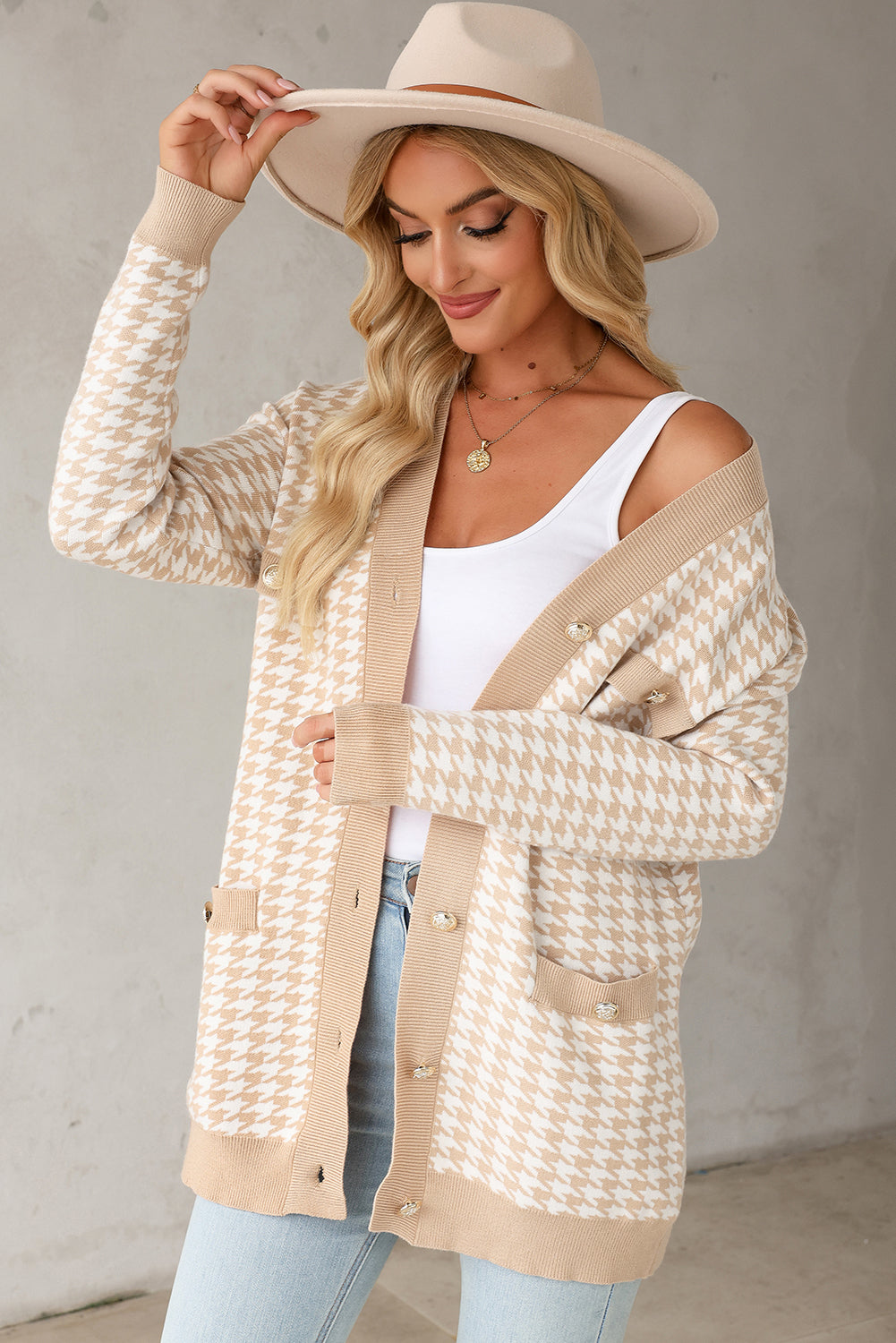 Khaki Houndstooth Button Front Sweater Knit Cardigan with Patch Pockets
