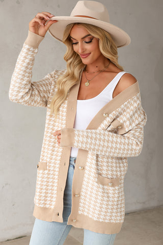 Khaki Houndstooth Button Front Sweater Knit Cardigan with Patch Pockets