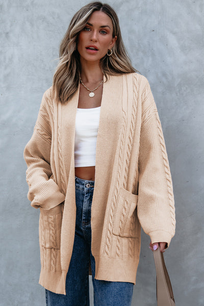 Creamy Light Camel Open Front Cable Knit Cardigan