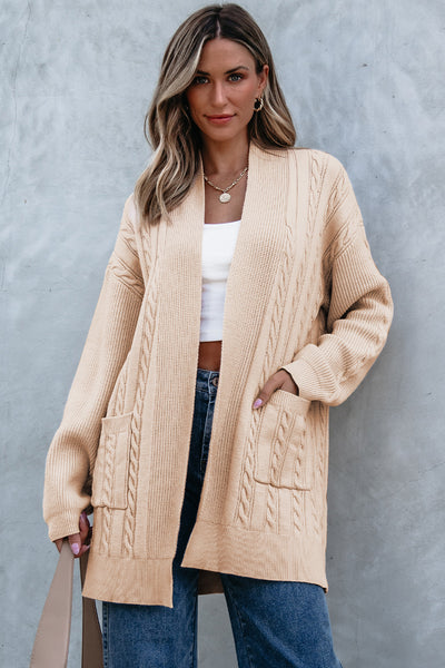 Creamy Light Camel Open Front Cable Knit Cardigan