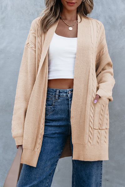 Creamy Light Camel Open Front Cable Knit Cardigan