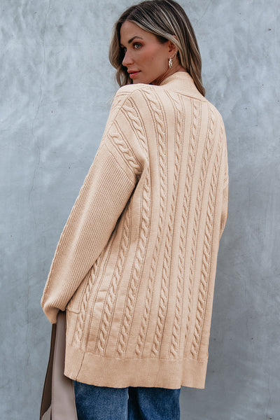 Creamy Light Camel Open Front Cable Knit Cardigan