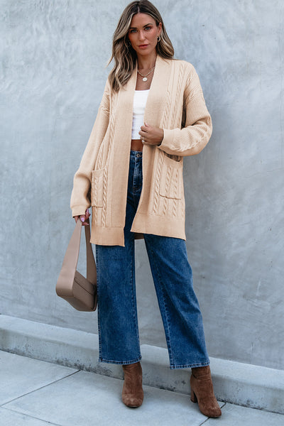 Creamy Light Camel Open Front Cable Knit Cardigan
