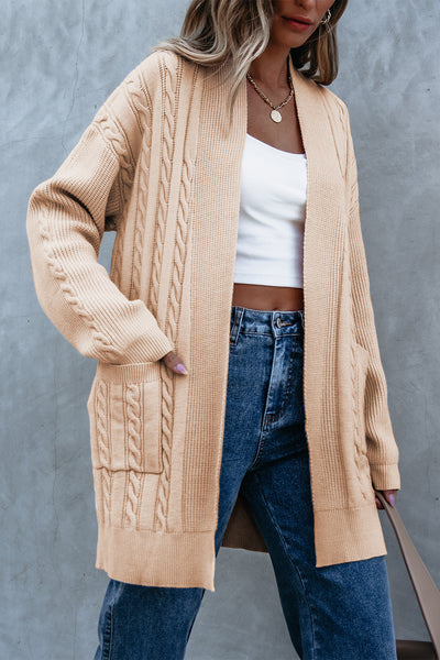 Creamy Light Camel Open Front Cable Knit Cardigan