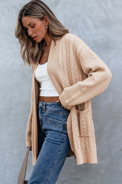 Creamy Light Camel Open Front Cable Knit Cardigan