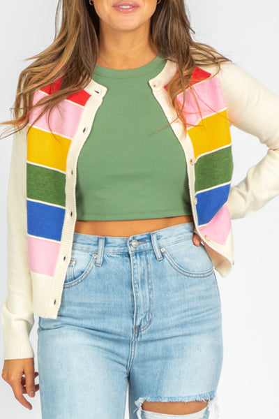 Colorful Striped Colorblock Button Front Sweater Cardigan