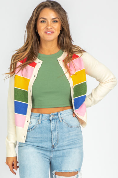 Colorful Striped Colorblock Button Front Sweater Cardigan