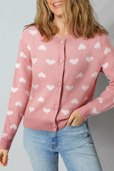 Pink Button Front Heart Pattern Cardigan