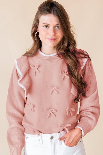 Pink Ruffle Detailed Bow Sweater